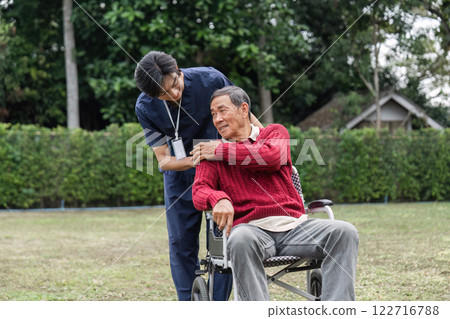 Healthcare professional engaging warmly with senior man in wheelchair, fostering a caring relationship Healthcare professional engaging warmly with senior man in wheelchair, fostering a caring relationship 122716788