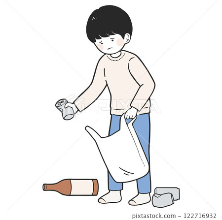 年輕護理員插畫:一個孩子在室內撿空罐子 年輕護理員插畫:一個孩子在室內撿空罐子 122716932