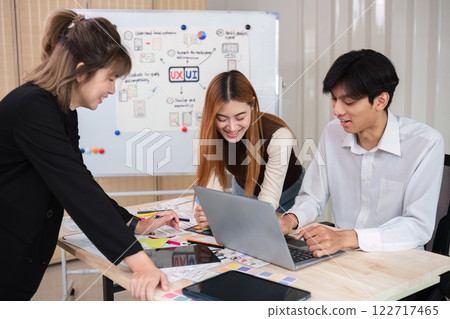 Brainstorming session for the creative team of designers in application design and implementation planning ux ui Teamwork of modern business teams Brainstorming session for the creative team of designers in application design and implementation planning ux ui Teamwork of modern business teams 122717465