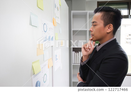 Businessman Analyzing Data on Information Board in Modern Office Setting for Strategic Planning and Decision Making Businessman Analyzing Data on Information Board in Modern Office Setting for Strategic Planning and Decision Making 122717466