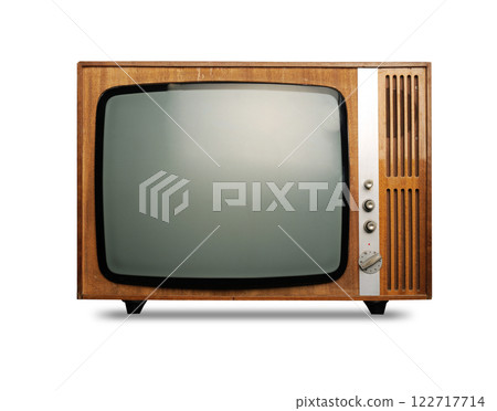 Vintage wooden television with blank display and retro switch button Vintage wooden television with blank display and retro switch button 122717714