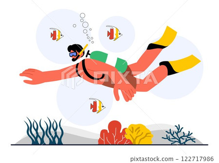 Diving Sport Vector Illustration Featuring Underwater Swimming Equipment for Exploring Coral Reefs, Sea Flora and Fauna, and Marine Life in the Ocean 122717986