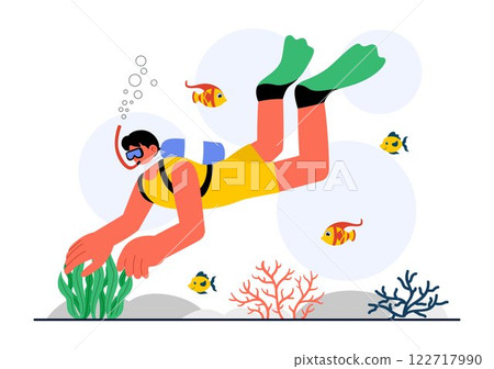 Diving Sport Vector Illustration Featuring Underwater Swimming Equipment for Exploring Coral Reefs, Sea Flora and Fauna, and Marine Life in the Ocean 122717990