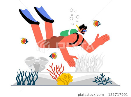 Diving Sport Vector Illustration Featuring Underwater Swimming Equipment for Exploring Coral Reefs, Sea Flora and Fauna, and Marine Life in the Ocean Diving Sport Vector Illustration Featuring Underwater Swimming Equipment for Exploring Coral Reefs, Sea Flora and Fauna, and Marine Life in the Ocean 122717991
