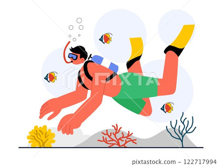 Diving Sport Vector Illustration Featuring Underwater Swimming Equipment for Exploring Coral Reefs, Sea Flora and Fauna, and Marine Life in the Ocean 122717994