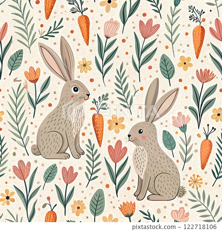 Cute seamless pattern with bunnies, flowers and spring elements like carrots and floral designs  122718106