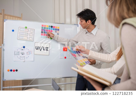 Creative designer team leader presentation on application design and ux ui usability planning. Modern business team teamwork. Creative designer team leader presentation on application design and ux ui usability planning. Modern business team teamwork. 122718235