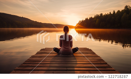 woman meditating on the lake at sunrise 122718287