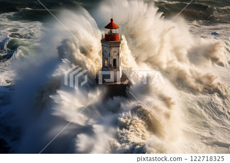 huge sea waves hit the lighthouse 122718325