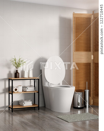 Contemporary bathroom with clean lines and stylish storage, 3D render illustration. Contemporary bathroom with clean lines and stylish storage, 3D render illustration. 122718445