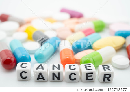Cancer word with pills and capsules medical drug. 122718577