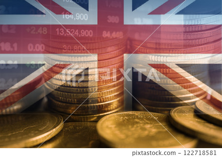 UK United Kingdom flag with stock market finance, economy trend graph digital technology. 122718581