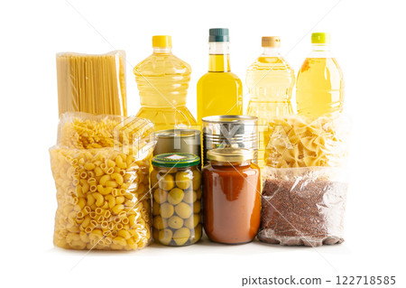 Foodstuffs in donation box isolated on white background with clipping path for volunteer to help people. Foodstuffs in donation box isolated on white background with clipping path for volunteer to help people. 122718585