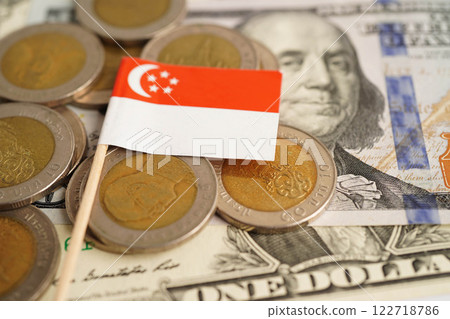 Singapore flag on coin and banknote money, finance trading investment business currency concept. Singapore flag on coin and banknote money, finance trading investment business currency concept. 122718786