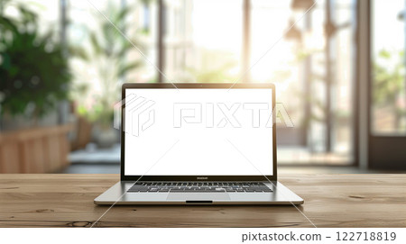 Laptop or notebook with blank screen on wood table in blurry background. 122718819
