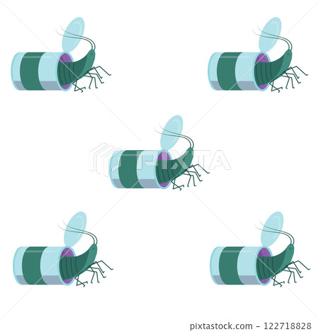Sea animal settled in an empty tin can instead of a shell. Environmental pollution concept. Vector illustration. Seamless pattern. Sea animal settled in an empty tin can instead of a shell. Environmental pollution concept. Vector illustration. Seamless pattern. 122718828