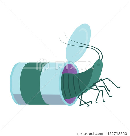 Sea animal settled in an empty tin can instead of a shell. Environmental pollution concept. Vector illustration isolated on white background. Sea animal settled in an empty tin can instead of a shell. Environmental pollution concept. Vector illustration isolated on white background. 122718830