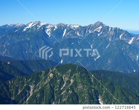 Summer view of Mount Tsurugi and the Tateyama mountain range from Mount Shirouma 122718845