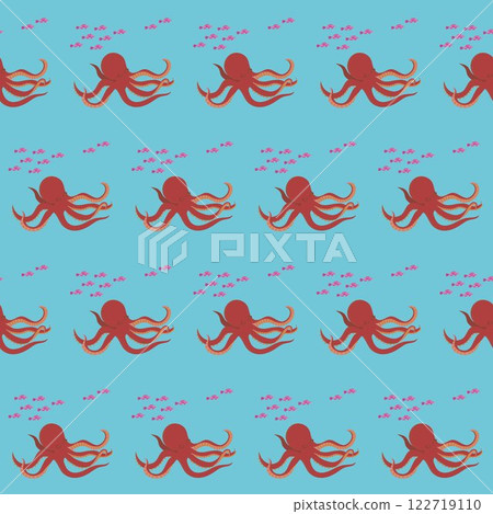 Octopus with fish. Vector illustration. Seamless pattern on a blue background. 122719110