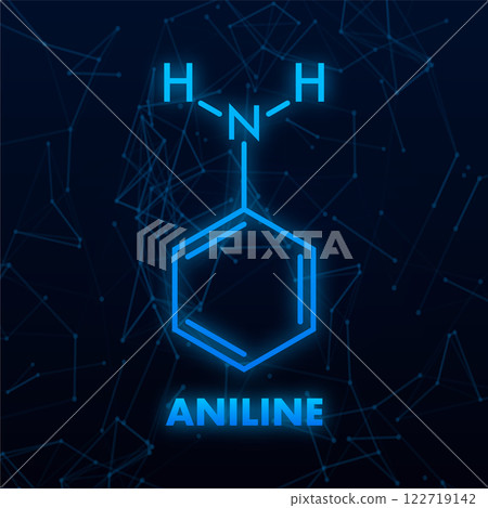 Aniline molecule glowing on dark blue background with connecting dots Aniline molecule glowing on dark blue background with connecting dots 122719142