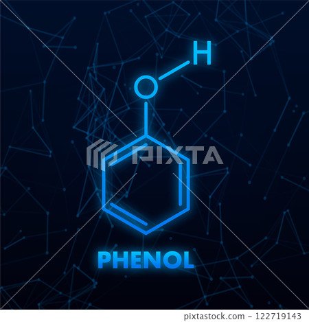 Phenol molecular structure with connected dots forming geometric pattern on dark blue background Phenol molecular structure with connected dots forming geometric pattern on dark blue background 122719143