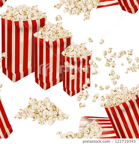 Popcorn pattern. Popcorn in a paper bag. Red stripes. Retro classic style. Watercolor illustration. Seamless pattern. Lots of snacks and corn. For printing on paper, textiles and fabric. Advertising. 122719343