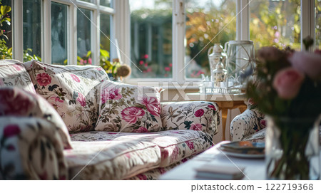 Colorful pillows on sofa against glass wall of window in a winter garden or conservatory. Interior textile concept. High quality photo 122719368