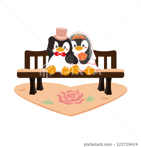 一對企鵝夫婦坐在心形地毯上的木凳上 一對企鵝夫婦坐在心形地毯上的木凳上 122719424