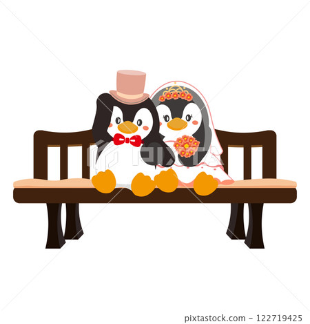 一對企鵝夫婦坐在木凳上的婚禮插圖 122719425