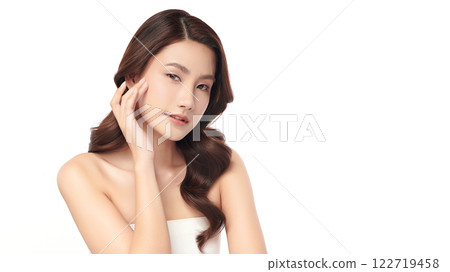 Beautiful young asian woman with clean fresh skin on white background, Face care, Facial treatment, Cosmetology, beauty and spa, Asian women portrait. 122719458
