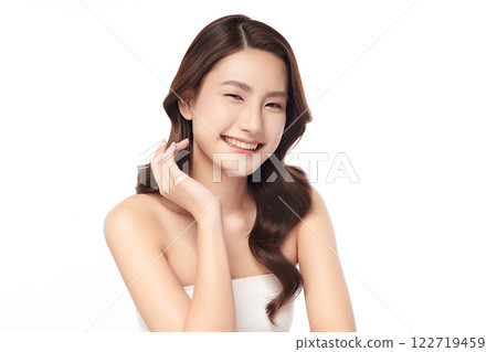 Beautiful young asian woman with clean fresh skin on white background, Face care, Facial treatment, Cosmetology, beauty and spa, Asian women portrait. Beautiful young asian woman with clean fresh skin on white background, Face care, Facial treatment, Cosmetology, beauty and spa, Asian women portrait. 122719459