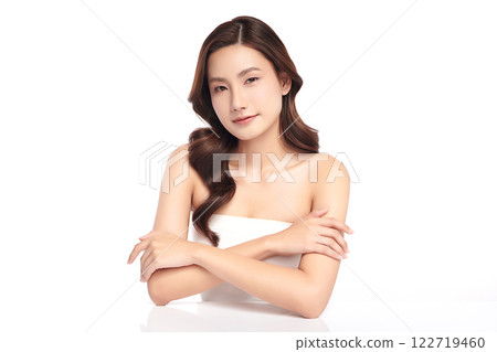 Beautiful young asian woman with clean fresh skin on white background, Face care, Facial treatment, Cosmetology, beauty and spa, Asian women portrait. Beautiful young asian woman with clean fresh skin on white background, Face care, Facial treatment, Cosmetology, beauty and spa, Asian women portrait. 122719460