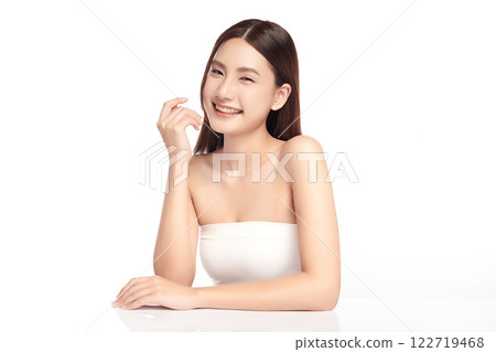 Beautiful young asian woman with clean fresh skin on white background, Face care, Facial treatment, Cosmetology, beauty and spa, Asian women portrait. 122719468