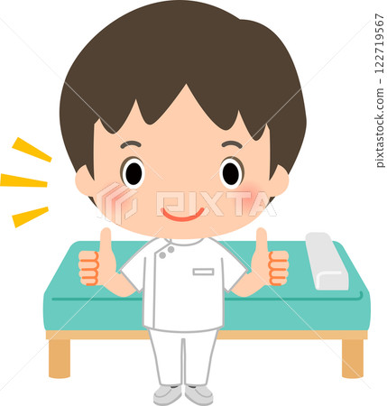 Smiling chiropractor standing in front of a treatment table Smiling chiropractor standing in front of a treatment table 122719567