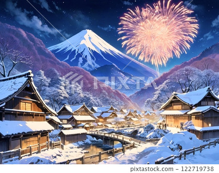 Old Japanese townscape with cherry blossoms and fireworks-3 Old Japanese townscape with cherry blossoms and fireworks-3 122719738