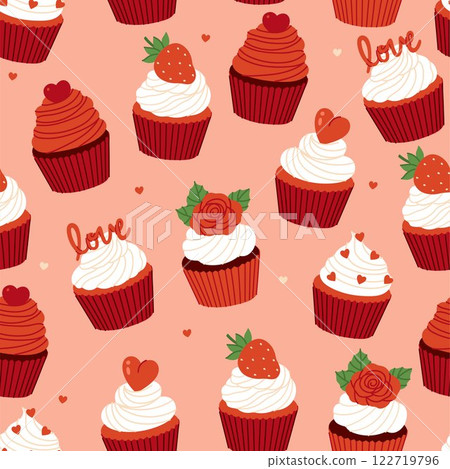 Seamless pattern with Valentine's day cupcakes. Vector graphics. Seamless pattern with Valentine's day cupcakes. Vector graphics. 122719796
