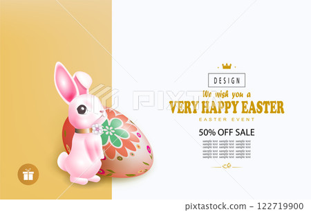 Illustration with easter eggs and pink beautiful rabbit, isolated design component 122719900