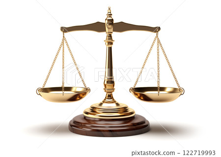 Golden balance scales isolated on white background. 122719993