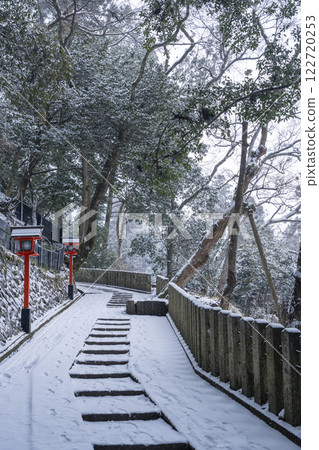 Winter at Kurama Temple: Stone steps and lanterns along the winding approach to the temple 122720253