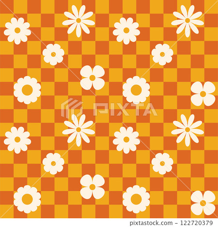 Groovy flower checkered pattern. Retro seamless pattern with simple flowers in 1970s style. Groovy background for Tshirt, poster, card and print. Doodle vector Groovy flower checkered pattern. Retro seamless pattern with simple flowers in 1970s style. Groovy background for Tshirt, poster, card and print. Doodle vector 122720379
