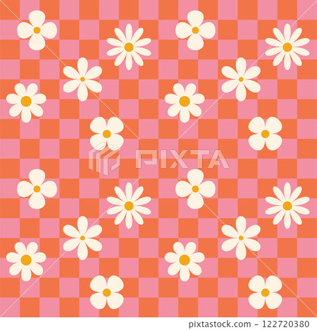 Groovy flower checkered pattern. Retro seamless pattern with simple flowers in 1970s style. Groovy background for Tshirt, poster, card and print. Doodle vector Groovy flower checkered pattern. Retro seamless pattern with simple flowers in 1970s style. Groovy background for Tshirt, poster, card and print. Doodle vector 122720380
