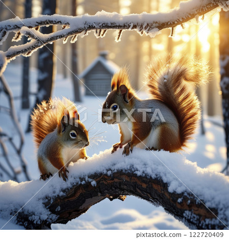 Red Squirrels Play Together on a Snow-Covered Branch During a Winter Evening in a Serene Forest Setting 122720409