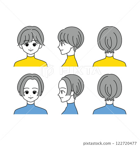 Short hair woman face icon set (front, side, back view) 122720477