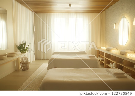 Serene Spa Room Three Massage Tables Natural Light Minimalist Design 122720849