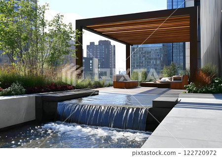 Modern Rooftop Terrace Design with Waterfall Feature City View and Pergola 122720972