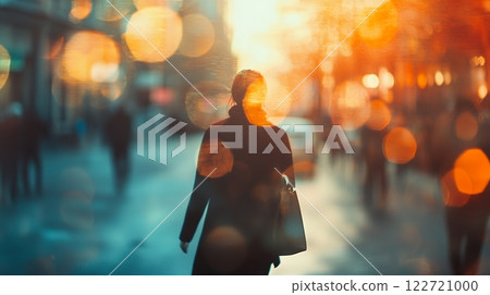 Woman Walking City Street Dusk Bokeh Lights Urban Scene Commute 122721000