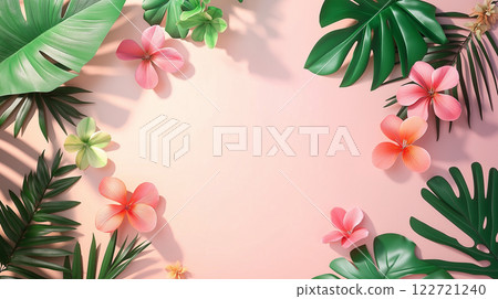 Tropical flowers and leaves creating a frame on pink background 122721240