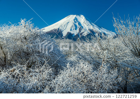 藍天下的忍野村望去的富士山與冰霜 122721259