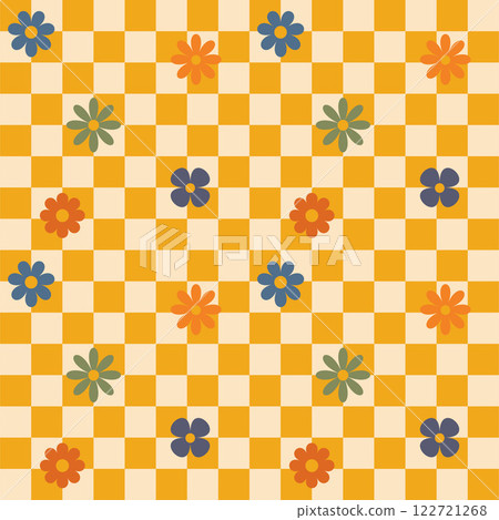 Groovy flower checkered pattern. Retro seamless pattern with simple flowers in 1970s style. Groovy background for Tshirt, poster, card and print. Doodle vector 122721268