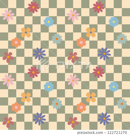 Groovy flower checkered pattern. Retro seamless pattern with simple flowers in 1970s style. Groovy background for Tshirt, poster, card and print. Doodle vector 122721270